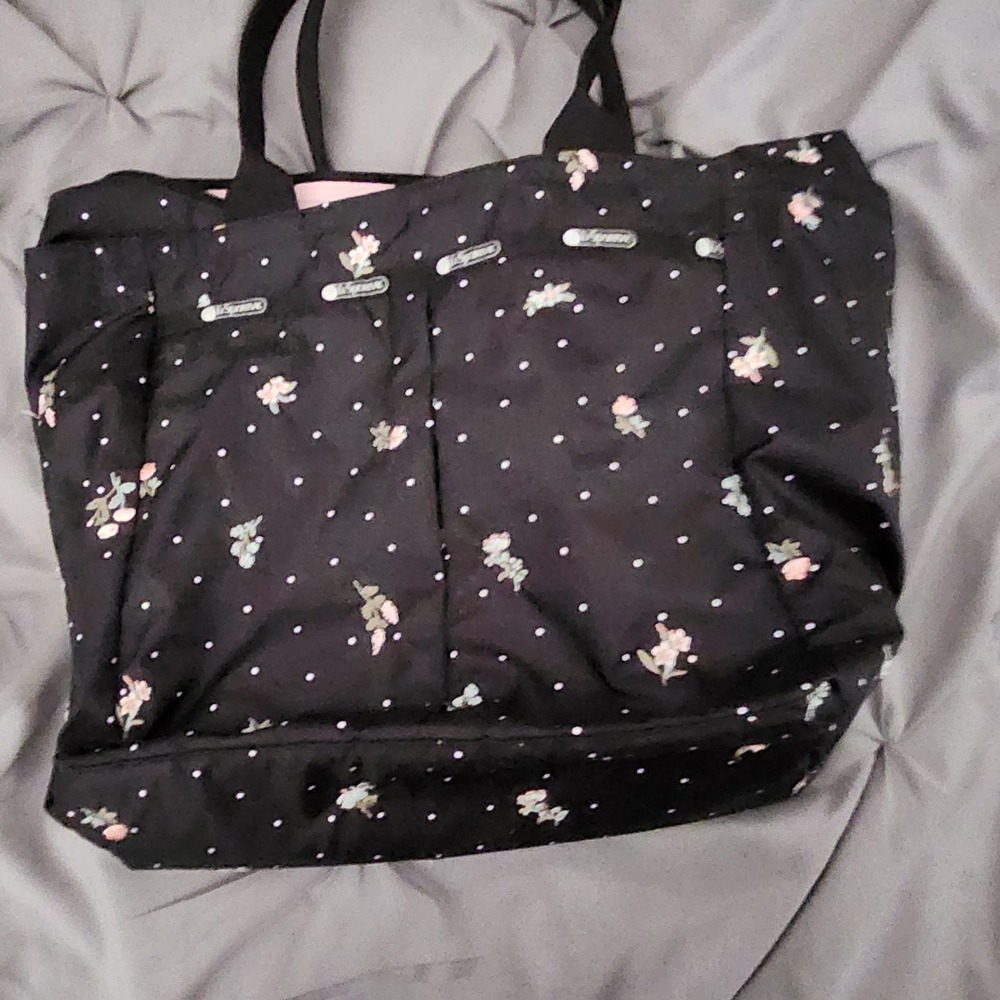 LeSportsac Tote Bag Black Floral Polka Dot Pink Lining Nylon Large Travel Purse